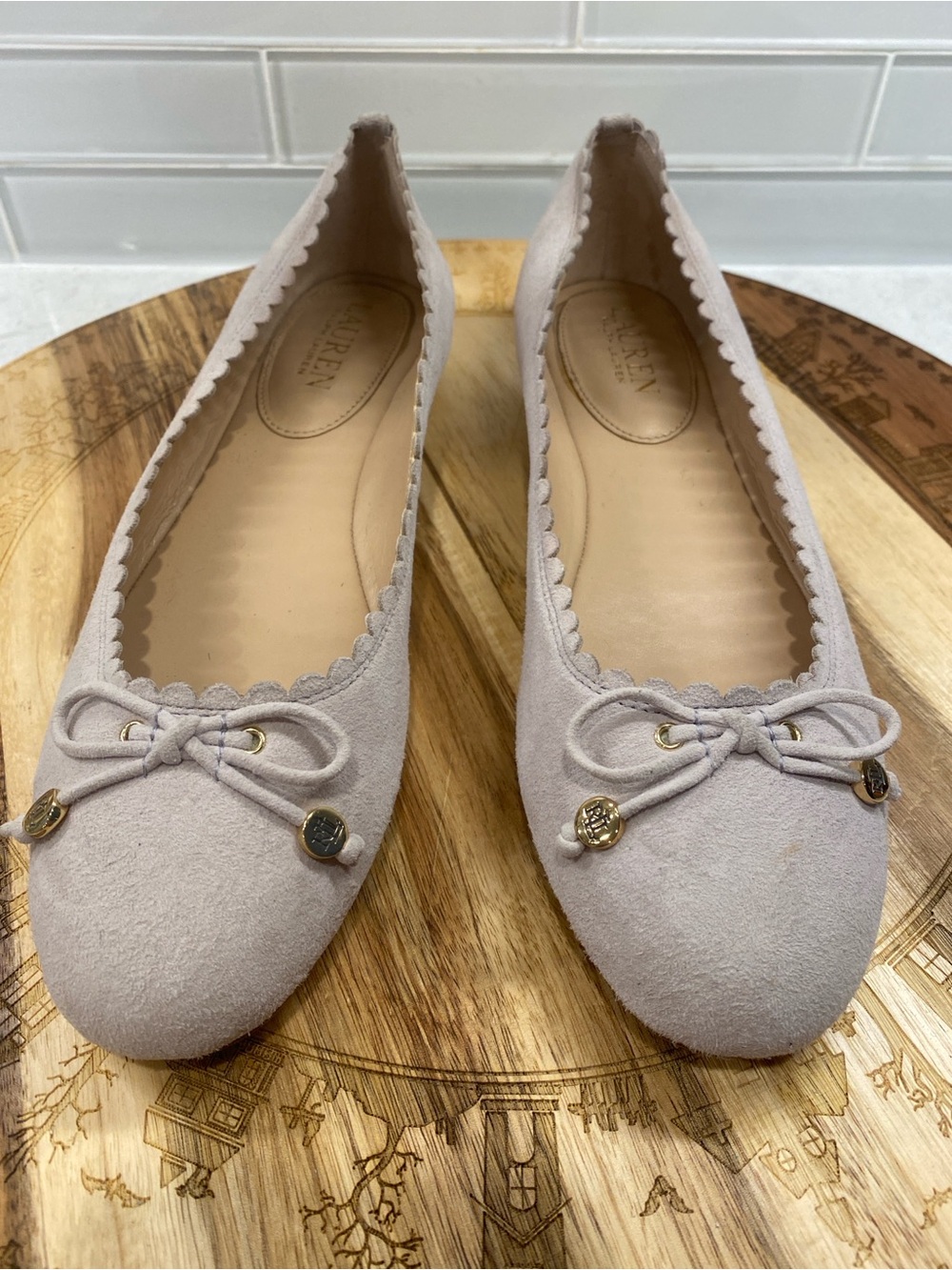 Lauren Ralph Lauren light taupe Scalloped leather Ballet Flats with Bow